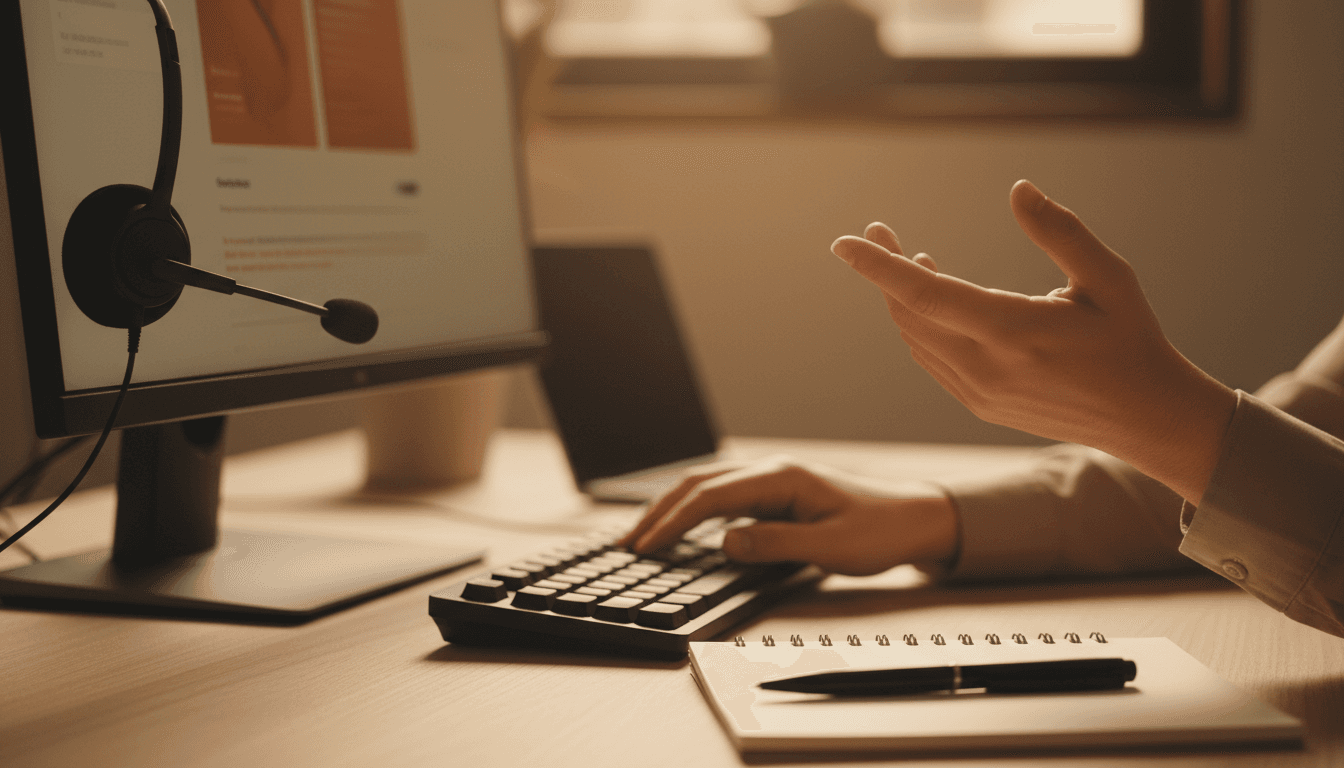 Close-up of representative's hands during customer interaction at modern workspace