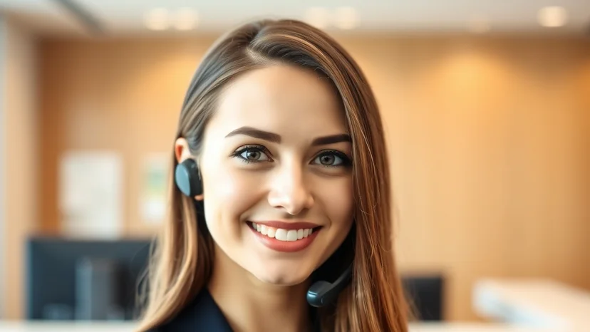 A friendly receptionist with a headset at the front desk
