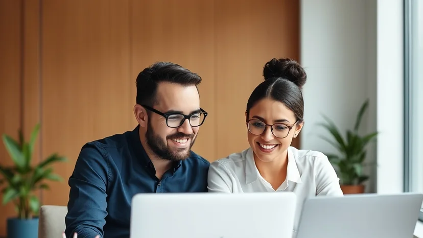 Two teammates reviewing a customer's record together on a laptop
